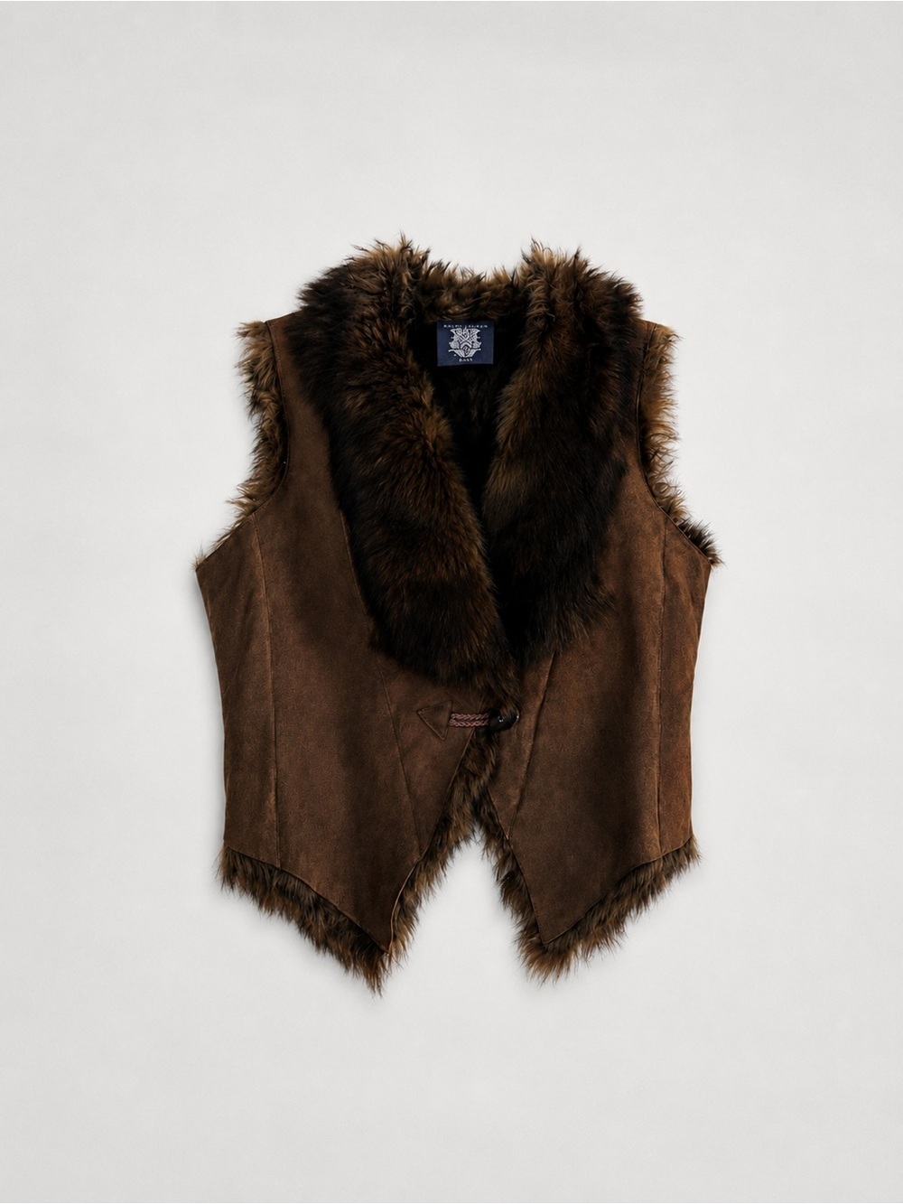 Ralph Lauren Brown Shearling Fur Trim Suede Leather Vest Boho Western Size S​